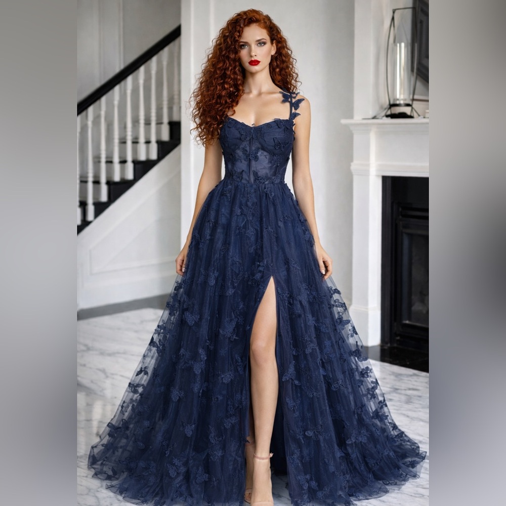 Navy Blue Butterfly Applique Maxi Dress Size 20W Prom Military Formal Gown